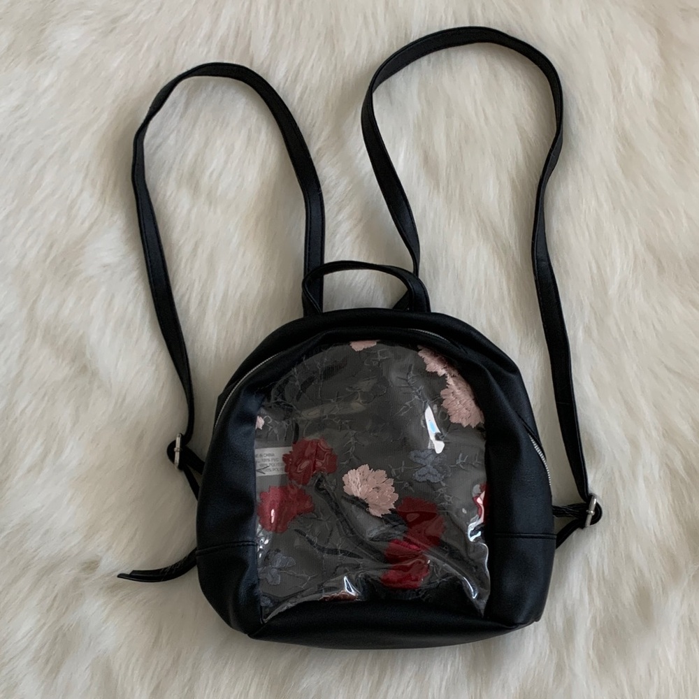 Stylish Black and Floral Women's Backpack Faux leather size small